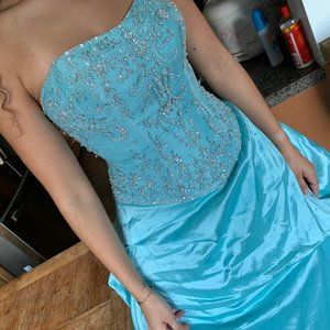 Teal Blue Cinderella-style Hand-dyed Beaded Ball Gown